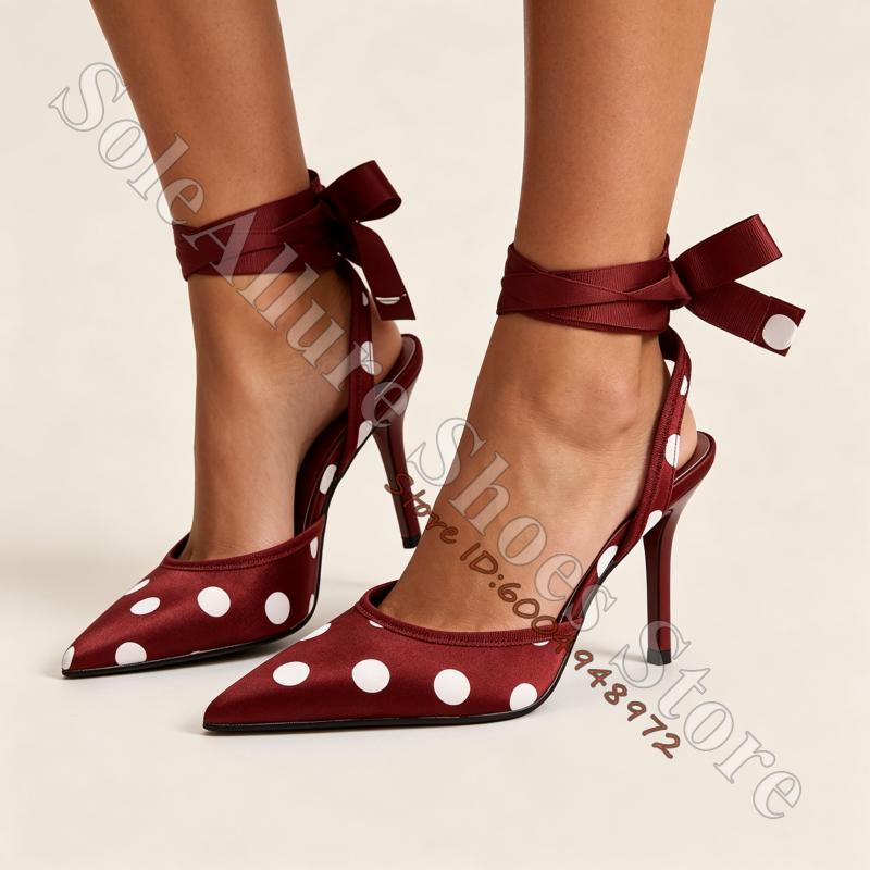 Ribbon Tie Heel - Satin White Polka Dot Pointed Slingback