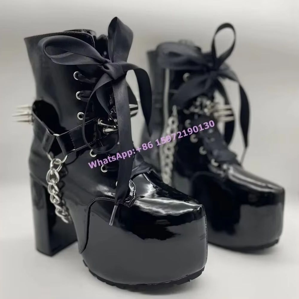 Ribbon Tied Rivet Black Boots  - Ribbon Tie Heel 리뷰 및 가격