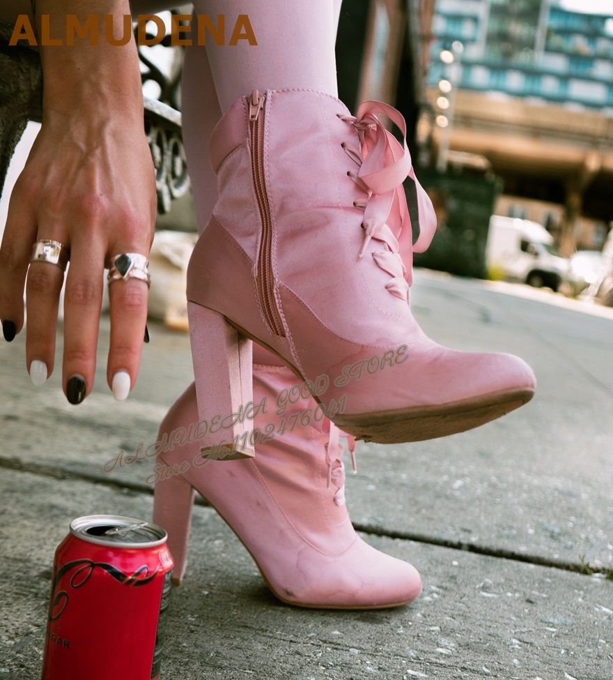 ALMUDENA Pink Satin Chunky Hee - Ribbon Tie Heel 리뷰 및 가격