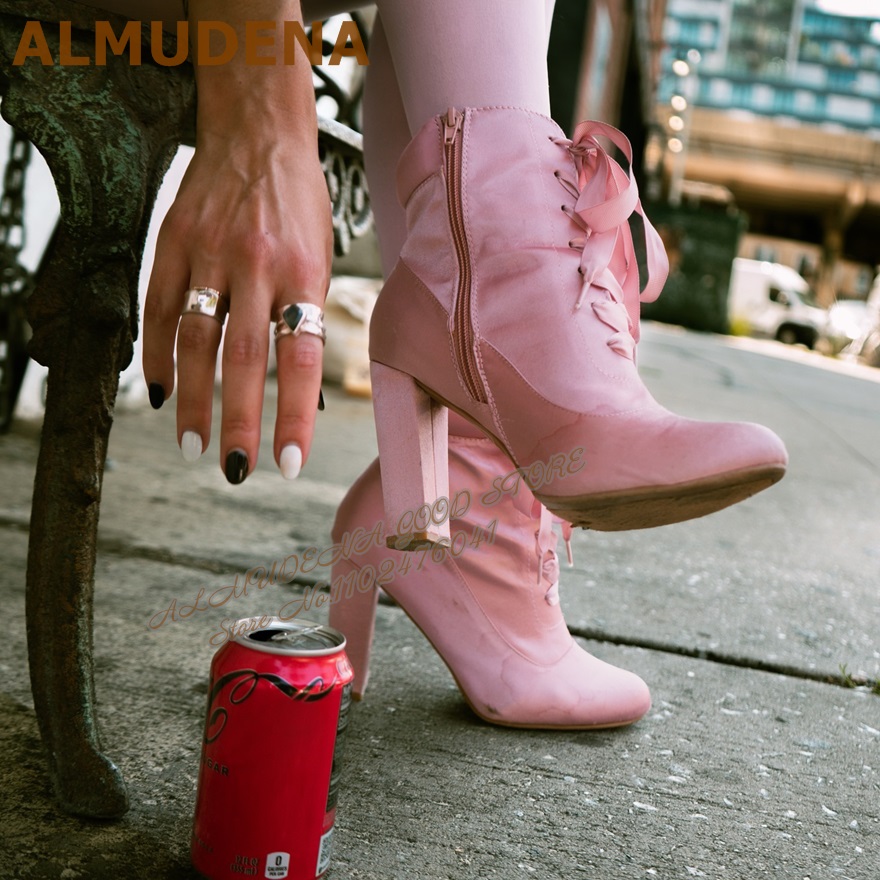 ALMUDENA Pink Satin Chunky Hee - Ribbon Tie Heel 리뷰 및 가격