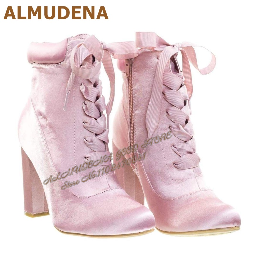 ALMUDENA Pink Satin Chunky Hee - Ribbon Tie Heel 리뷰 및 가격