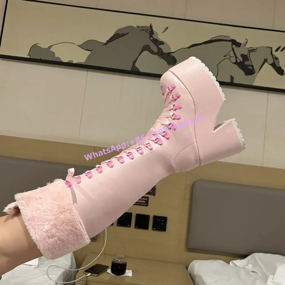 Pink Furry Boots Thick Soled L - Ribbon Tie Heel 리뷰 및 가격