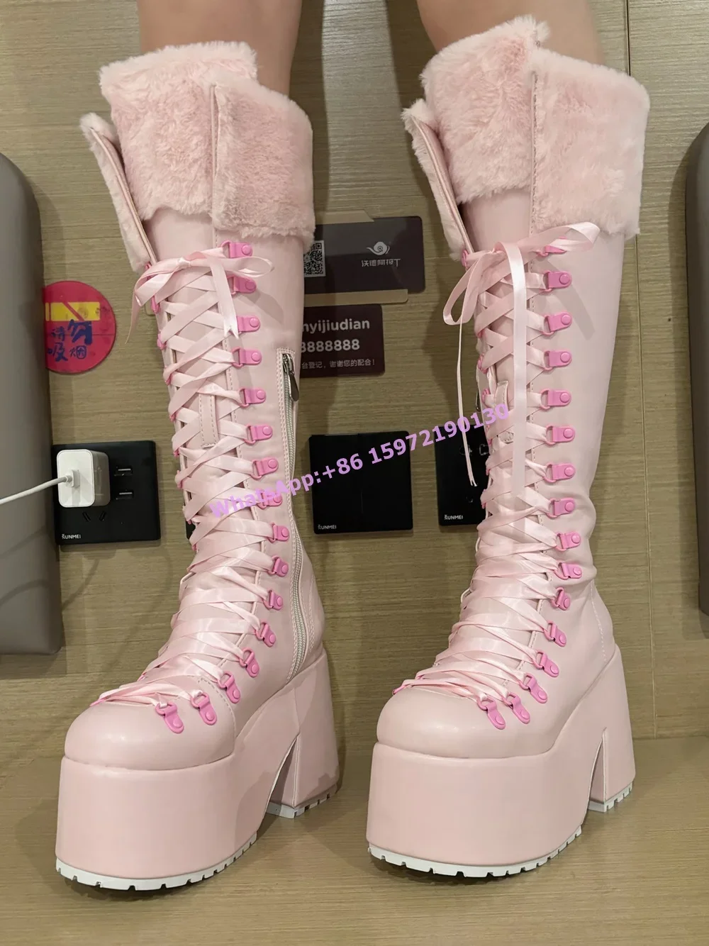 Pink Furry Boots Thick Soled L - Ribbon Tie Heel 리뷰 및 가격