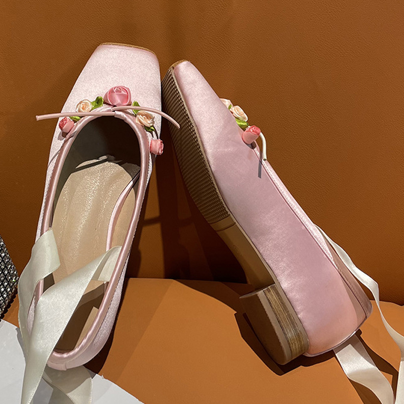 Women Pink Satin Square Toe Lo - Ribbon Tie Heel 리뷰 및 가격